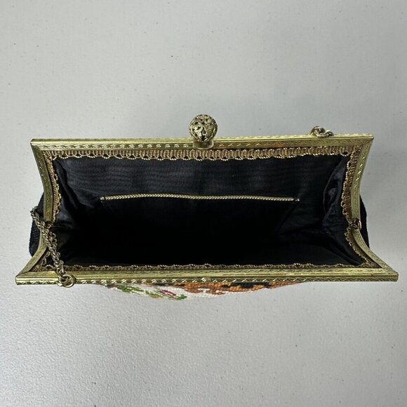 Vintage Handbag Tapestry Needlepoint Evening Framed Black Floral Gold Chain - Picture 9 of 16